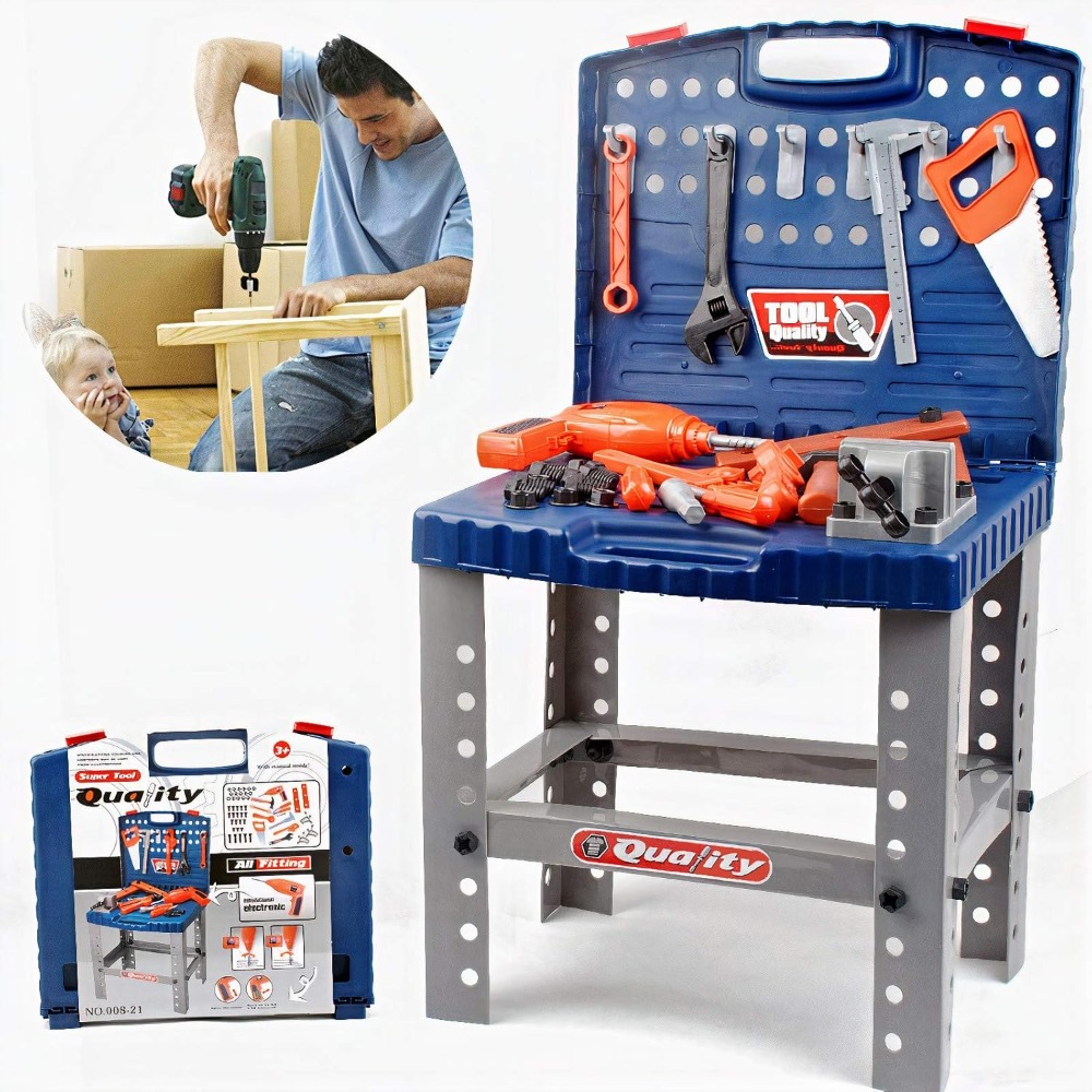 Tools Workshop Kids - 子供用おもちゃツールワークベンチ、リアルなツールと電動ドリル付き、ごっこ遊び建設ワークショップツールベンチ、STEMビルディングトイ