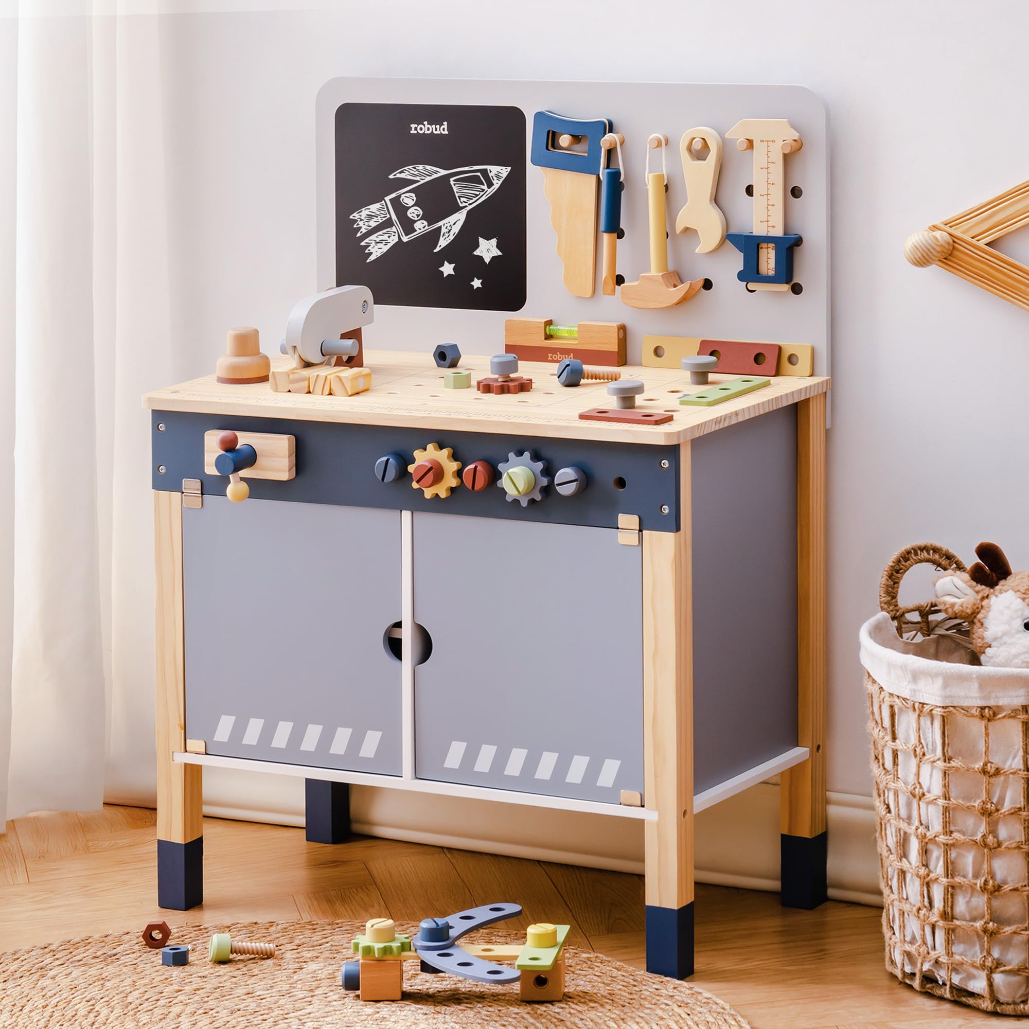 Tools Workshop Kids - ROBUD 木製おもちゃワークベンチ ごっこ遊び クリエイティブ組み立てセット 建設ワークショップ ツールベンチ