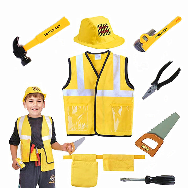 幼児建設作業員ベストコスチューム、作業員5ピースプレイセット - Tools Workshop Kids のレビューと価格