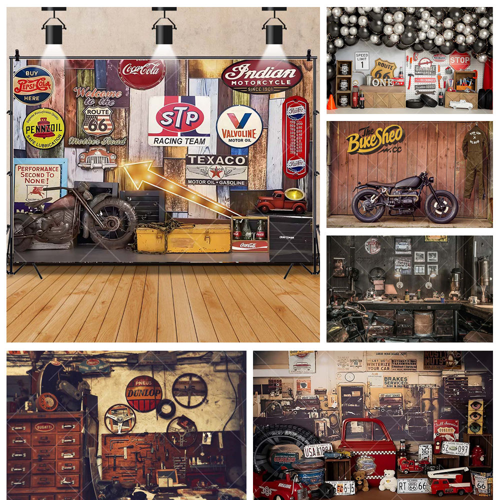 オートバイの車の修理のためのレトロな背景,ガレージツールのワ - Tools Workshop Kids のレビューと価格